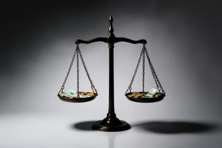 Uma balança da justiça com moedas de ouro e notas de dinheiro.