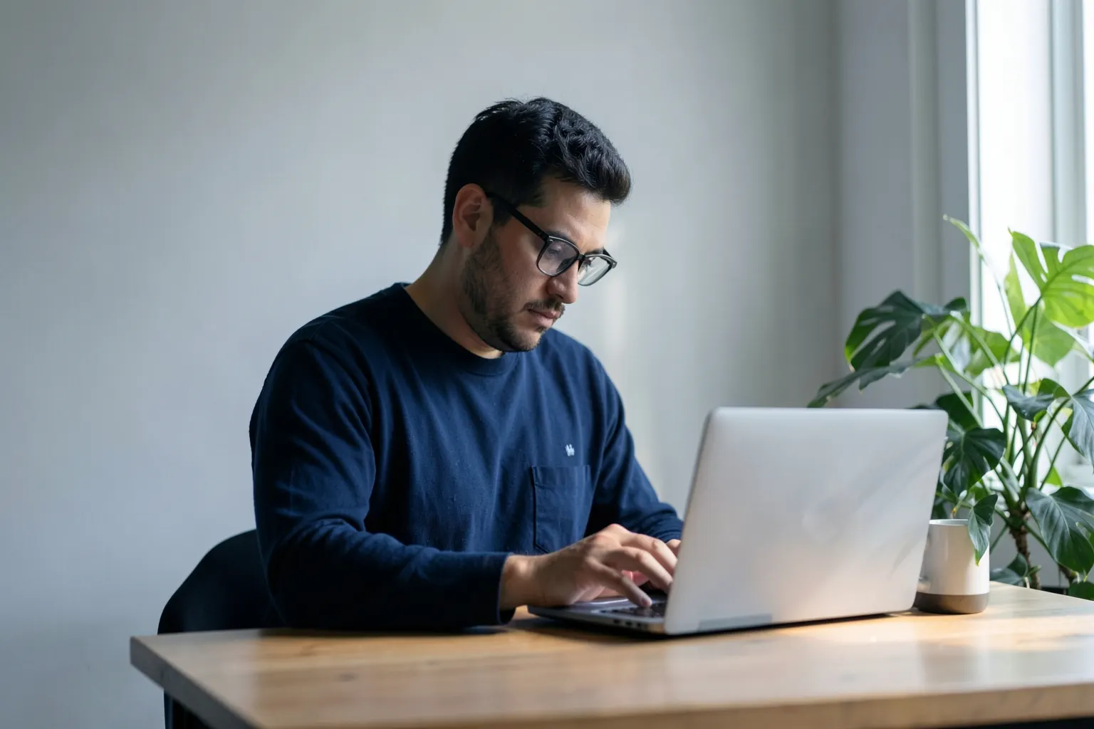 Um homem autista de nível 1, com óculos, olhando para um laptop em uma mesa de madeira, com uma planta ao lado.