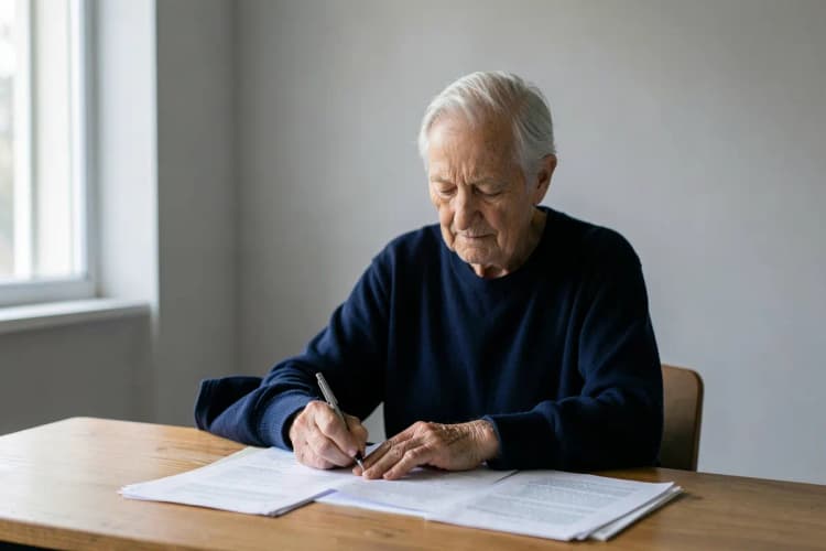 Uma pessoa idosa olhando documentos e papéis em uma mesa, com uma caneta na mão.