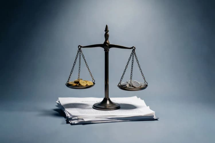 Uma balança da justiça com moedas de ouro de um lado e moedas de prata do outro, em cima de papéis.