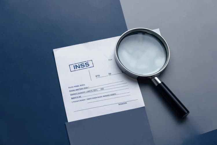 Um carimbo do INSS sobre um formulário de pedido, com uma lupa ao lado.