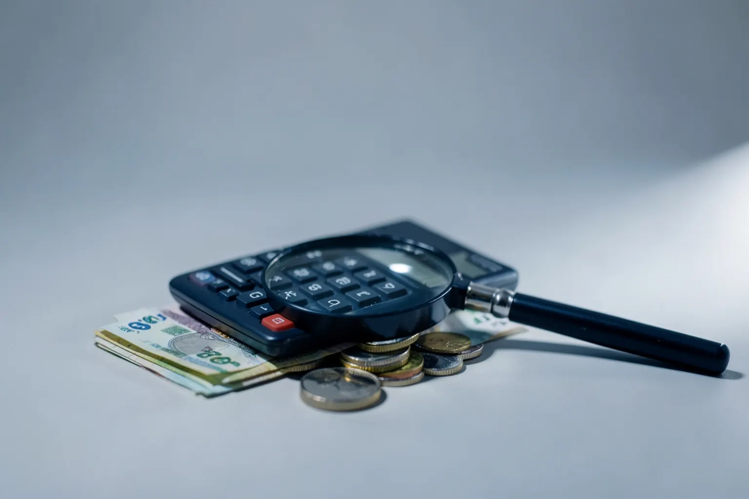 Uma calculadora sobre moedas e notas de dinheiro dobradas, com uma lupa focando em uma das moedas.