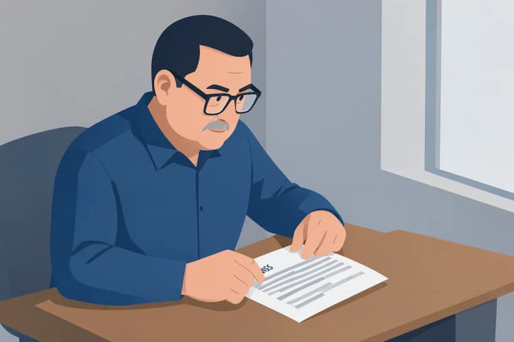 Um homem de meia-idade com óculos, vestindo camisa social azul, olha atentamente para um documento do INSS em sua mesa.