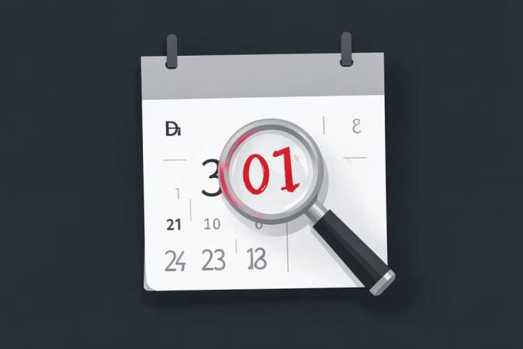 Um calendário com a data marcada em vermelho e uma lupa sobre ele, simbolizando a espera pela análise.