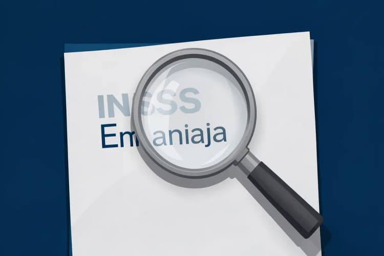 Um documento do INSS com o status "Em análise" em destaque, com uma lupa focando na frase.