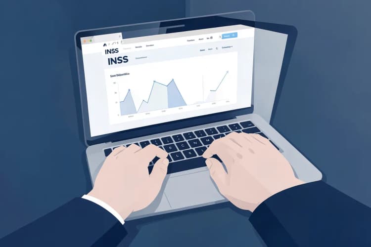Uma pessoa usando um computador para acessar o portal do INSS, com gráficos de acompanhamento na tela.
