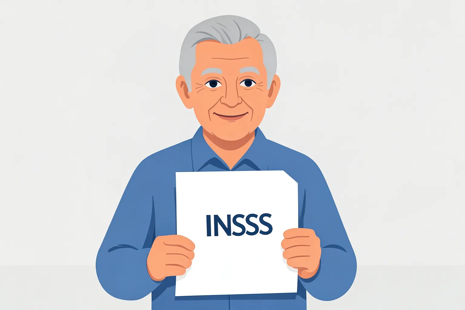 Um idoso sorri enquanto segura um documento do INSS em suas mãos.